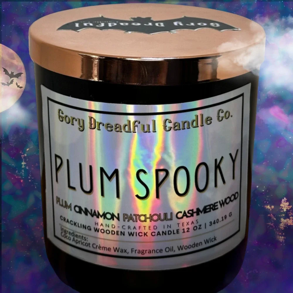 Plum Spooky Crackling Wood Wick Candle: Plum Cinnamon Patchouli Cashmere Wood